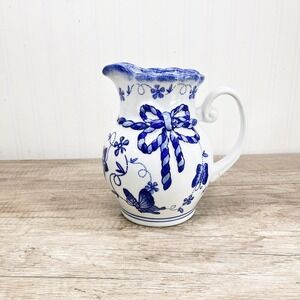 Vintage Blue & White Pitcher | Grandmillennial Decor | 1990s Ceramic